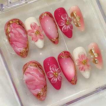 24Pcs Pink 3D Flower Almond Press On Nails – Reusable Full Cover False Nail Tips