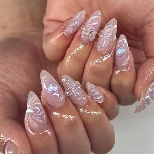 24Pcs Pink 3D Flower Almond Press On Nails – Reusable Full Cover False Nail Tips